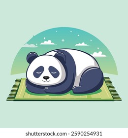 A sleepy panda doing the child's pose, curled up on a tiny mat, looking cozy and peaceful, minimalistic calming vector illustration