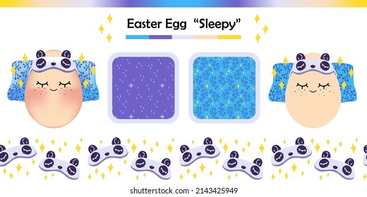 Sleepy Panda Easter Egg vector scene kit. Collection of cartoon elements, seamless patterns, and color palette for holiday scene creation with a cute mascot character