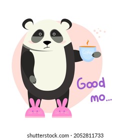 Sleepy panda in slippers holds a cup of coffee. Inscription - Good morning. Flat vector illustration isolated on white background