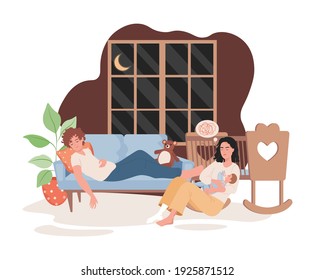 Sleepy parents spending time at night with child in living room vector flat illustration. Exhausted father lying on couch, tired mother trying to calm down her baby. Parenthood, parenting concept.