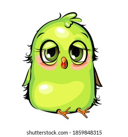 Sleepy parrot. Funny chick. Wants to sleep. Cute and funny baby bird. The isolated object on a white background. Illustration. Cartoon style. Vector
