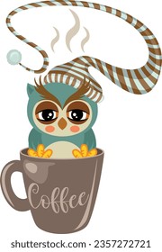 Sleepy penguin with sleeping hat inside cup of coffee
