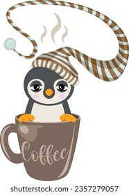 Sleepy penguin with sleeping hat inside cup of coffee