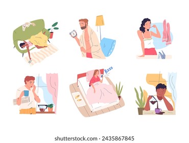 Sleepy people morning. Tired man or sleepy woman alarm wake-up in monday, lazy yawn person drinking coffee wake to work, sleeping worker need caffeine, classy vector illustration of sleepy and tired