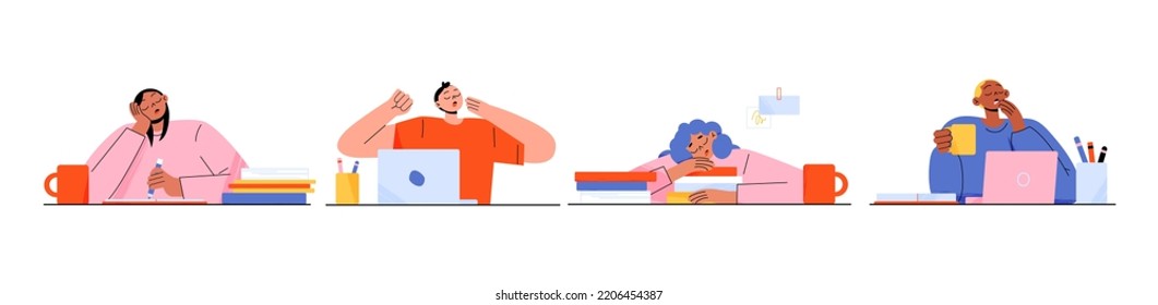 Sleepy people in office, dizzy employees sleeping and yawning on work desk. Set of dozing men and women at morning, tired persons drowsiness, fatigue, boredom, Line art flat vector illustration