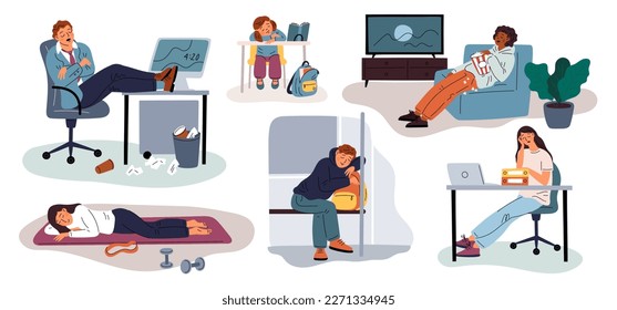 Sleepy people. Tired and asleep characters. Unexpected places. Overworked employees. Persons with narcoleptic seizure. Fatigue and drowsiness. Kid sleeps at school desk