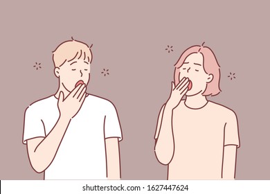 Sleepy people, tired friends, yawning couple concept. Hand drawn style vector design illustrations.