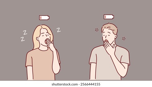 Sleepy people, tired friends, yawning couple concept. Hand drawn style vector design illustrations.