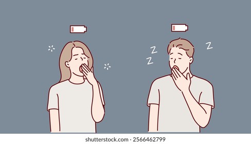 Sleepy people, tired friends, yawning couple concept. Hand drawn style vector design illustrations.