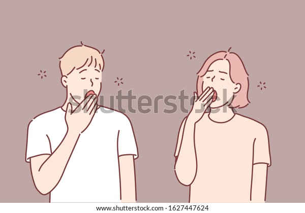 Sleepy people, tired\
friends, yawning couple concept. Hand drawn style vector design\
illustrations.