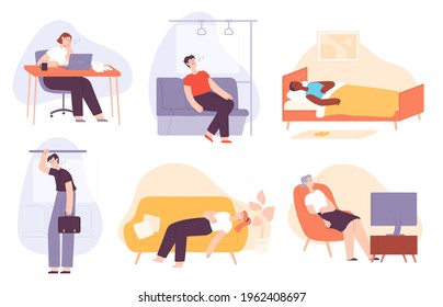 Sleepy people. Tired, lazy and sleeping man and woman at home, in bed, in transport, office worker. Bored and burnout adults flat vector set. Male and female characters going to work, watching TV