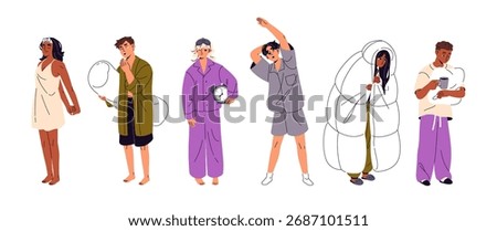 Sleepy people wake up early set. Asleep men and women with blanket, alarm clock at the morning. Characters in pajamas are yawning, stretching. Flat isolated vector illustrations on white background