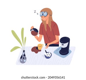 Sleepy person with spilled coffee in early Monday morning. Drowsy woman waking up and pouring coffe. Hard wakeup and lack of sleep concept. Flat vector illustration isolated on white background