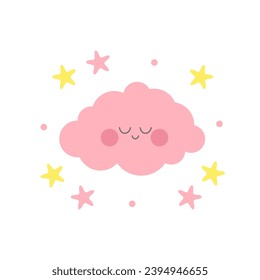 Sleepy pink cloud with pink and yellow stars for baby room decoration. For fabric print logo sign cards banners Kids wall art design Vector illustration