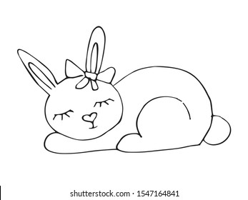 Sleepy rabbit with bow on ear.  Coloring book illustration, greeting card design, easter art. Doodle style.