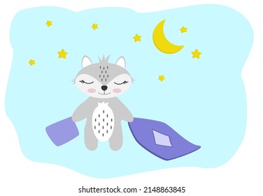 Sleepy raccoon, raccoon holds a blanket and pillow. Raccoon child character drawing