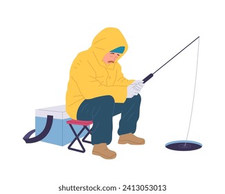 Sleepy relaxed fisherman cartoon character waiting for bite holding rod submerged in lake river hole