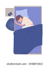 Sleepy sad woman lies on bed at night under blanket. Her eyes open. Female trying to fall asleep, she has insomnia, sleeplessness. Sleep problems, disturbance. Flat cartoon vector illustration