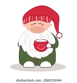 Sleepy Santa Claus. Little gnome in red hat with cup