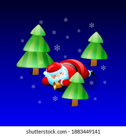 Sleepy Santa Claus. Tired character. Christmas night in the forest. Celebratory finale. Vector illustration.
