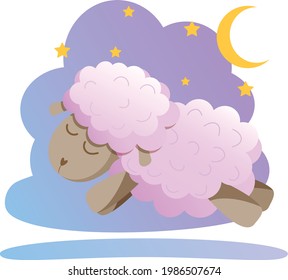 Sleepy sheep flying at night, night dream