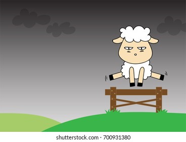 Sleepy sheep is jumping and counting over the fence trying to sleep as insomnia health problem concept