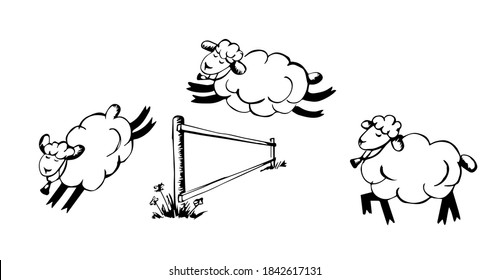 Sleepy sheep jumping over the fence. Graphics, lines.