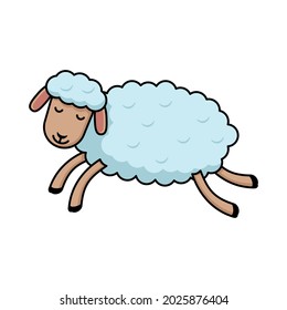 Sleepy sheep jumps. Color vector illustration of a flat style. White isolated background.