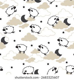 Ovejas dormidas y cielo estrellado con patrón de nubes. Perfecto para diseños temáticos del sueño, textiles del vivero, pijamas de niño, Fondos de pantalla, papel de regalo, e ilustraciones de ensueño de la hora de dormir.