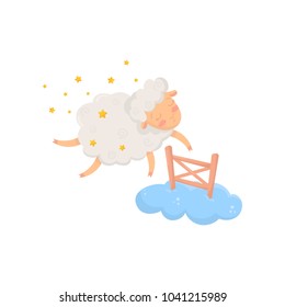 Sleepy sheep surrounded by stars flying through little wooden fence on cloud. Cartoon character of cute domestic animal. Flat vector design for postcard or kids book