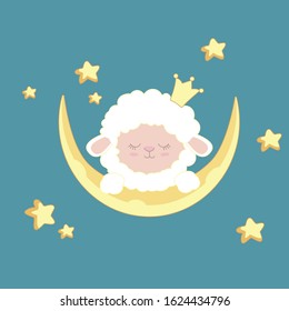 Sleepy sheepy on night background with moon,stars