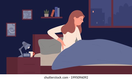 Sleepy sick girl suffers from ache and insomnia problem at night vector illustration. Cartoon tired young woman character sitting in bed under blanket with backache, trying to sleep background