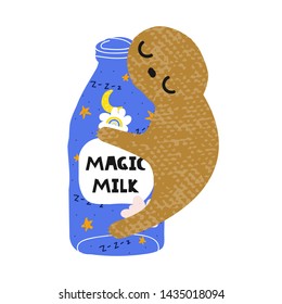 Sleepy sloth with a bottle of magic milk. Cute kids print. Vector hand drawn illustration. 