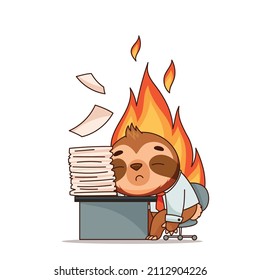 Sleepy sloth burning out at work. lies on the table with paper. Vector illustration for designs, prints and patterns. Vector illustration