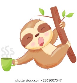 Sleepy sloth with the cup of coffee hanging on tree