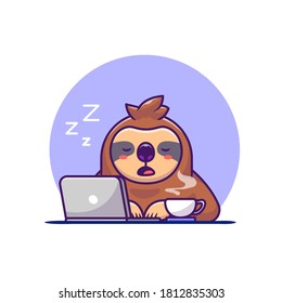 Sleepy Sloth With Laptop And Coffee Cartoon Vector Icon Illustration. Animal Technology Icon Concept Isolated Premium Vector. Flat Cartoon Style