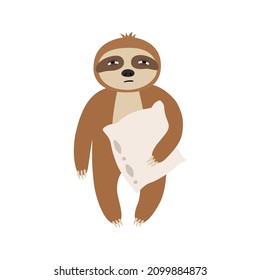 Sleepy sloth with a pillow. Vector illustration isolated.
