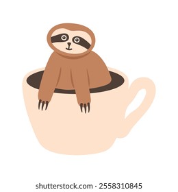 Sleepy sloth relaxing inside coffee cup cartoon. Hand drawn funny tropical bear 