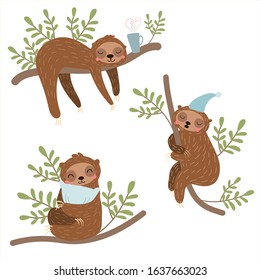 Sleepy Sloths vector illustration set. Three cute illustrations. Collection for postcards, prints and other designs. Sloth with a coffee cup. Sloth with a pillow. Sloth in a nightcap. 