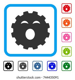 Sleepy Smiley Gear icon. Flat grey pictogram symbol inside a blue rounded square. Black, gray, green, blue, red, orange color additional versions of Sleepy Smiley Gear vector.