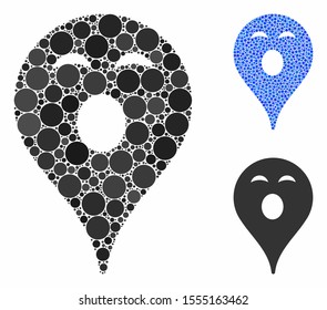 Sleepy smiley map marker mosaic of small circles in different sizes and color tinges, based on sleepy smiley map marker icon. Vector dots are organized into blue mosaic.