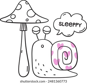 Sleepy Snail And Mushroom Doodle Vector Illustration