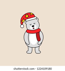 Sleepy snow bear Christmas editable outline illustration in flat design.