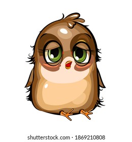 Sleepy sparrow. Funny chick. Wants to sleep. Cute and funny baby bird. The isolated object on a white background. Illustration. Cartoon style. Vector