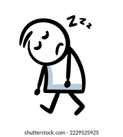 Sleepy stickman walking in the morning with closed eyes. Vector illustration of cute man after night.