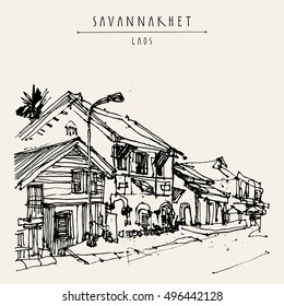 Sleepy street in Savannakhet, former French colonial town, Laos, Southeast Asia. Vintage hand drawn touristic postcard in vector