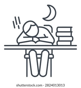 A sleepy student falls asleep at desk with stack of books under moonlight at night studying hard
