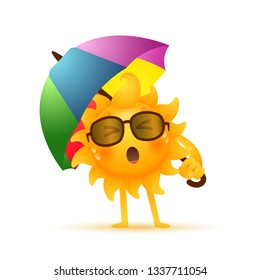 Sleepy sun under umbrella. Tired, sweat, sunglasses. Can be used for topics like morning, hot weather, vacation 