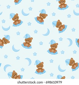 Sleepy teddy bear in night hat sitting on a pillow; moon and stars around. Seamless vector pattern/wallpaper. Fabric design for boys. 