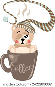 Sleepy teddy bear with sleeping hat inside cup of coffee
